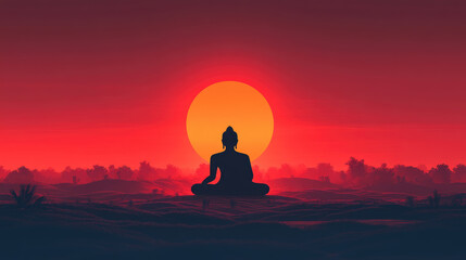 Wall Mural - Silhouette of Buddha in meditative pose for Magha Puja, Asanha Puja, and Visakha Puja Day, symbolizing peace, spirituality, and harmony. Banner. Copy space