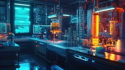 Poster - A futuristic laboratory filled with glowing equipment and chemical experiments.