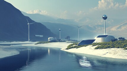 Poster - A futuristic landscape featuring renewable energy sources along a serene waterway.