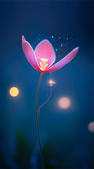 Poster - A delicate pink flower stands tall, glowing softly amidst dreamy blue hues and twinkling lights, creating a magical atmosphere