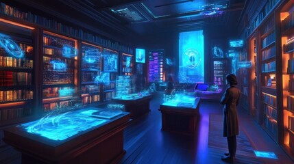 Poster - A futuristic library featuring holographic displays and advanced technology.