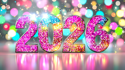 Poster - Bright, glittering numbers display 2026, surrounded by colorful bokeh lights, capturing the excitement of New Year celebrations