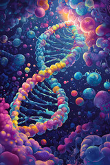 Poster - A vibrant depiction of DNA intertwined with colorful cells in a cosmic setting.