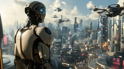 Leinwandbilder - A futuristic robot gazes over a bustling cityscape filled with advanced technology and flying vehicles.