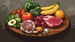 © Niken - cartoon design drawing illustration in vector form, some fresh food on a brown round table. meat, fruit, and some vegetables.