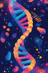 Poster - A vibrant illustration of a DNA double helix amidst colorful abstract shapes and particles.