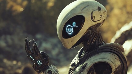 Poster - A futuristic robot with a sleek design and glowing elements in a natural setting.