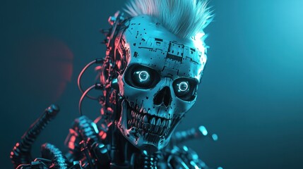 Poster - A futuristic robotic skull with neon accents, showcasing advanced technology and design.