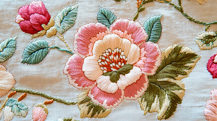 Poster - Elegant floral design showcases pink and white embroidered flowers with green leaves on a soft light-colored fabric