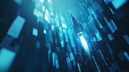 Aufkleber - A futuristic rocket ascending amidst digital data streams in a vibrant blue environment.
