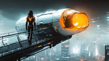 Aufkleber - A futuristic scene featuring a figure beside a sleek spaceship against a city skyline.
