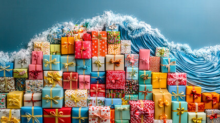 Poster - Rows of brightly wrapped presents create a visual wave effect against a vibrant blue backdrop, evoking a joyful holiday spirit