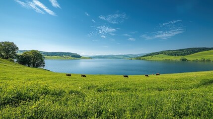 Poster - A tranquil landscape shows several cows grazing peacefully on vibrant green grass next to a serene lake, with rolling hills under a clear blue sky