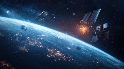 Poster - A futuristic scene of a space station orbiting Earth with satellites and celestial bodies.