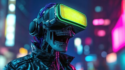 Poster - A futuristic skeleton wearing VR goggles in a neon-lit urban setting.