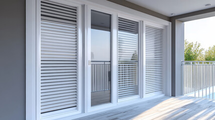 Plastic window and door with roller shutter isolated vector mockup. Realistic white windows and doors with metal rolling blinds, glass panels and PVC frame profiles, 3d design of architecture elements