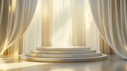 Aufkleber - A beautifully lit circular platform is surrounded by flowing drapes, creating an inviting and serene ambiance in natural light