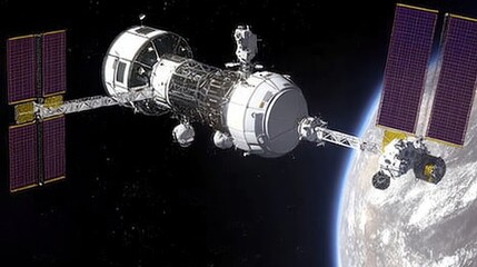Poster - A futuristic space station orbiting Earth, showcasing advanced technology and exploration.