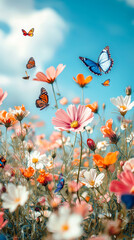 Aufkleber - Butterflies flutter among blooming flowers in a sunny garden, showcasing nature\'s beauty during spring\'s colorful awakening