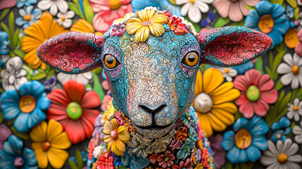 Fototapete - A decorative sheep made of flowers stands against a vivid floral background filled with bright colors and patterns