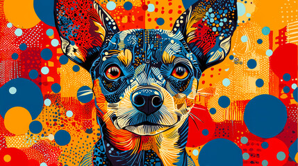 Fototapete - A Chihuahua is depicted in a colorful and abstract style, showcasing intricate patterns and a bold background filled with shapes