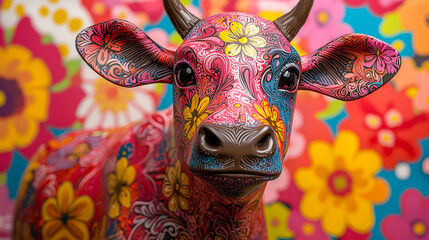 Aufkleber - A decorative cow sculpture adorned with floral patterns showcases vibrant colors, set against a lively background filled with flowers