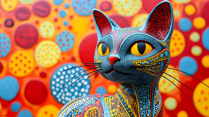 Aufkleber - A colorful cat sculpture showcases intricate patterns and vivid colors, set against a bold backdrop filled with abstract dots and circles