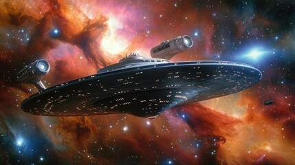 Poster - A futuristic spaceship gliding through a vibrant, colorful cosmic nebula.