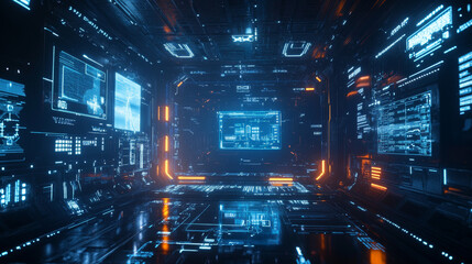 Poster - HUD futuristic header and footer interface vector elements of Sci Fi and tech game. Future technology head up display hologram screen frame border lines, blue neon text bars and dividers, ui design