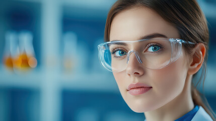 Poster - focused scientist wearing protective glasses in laboratory setting, analyzing samples with precision