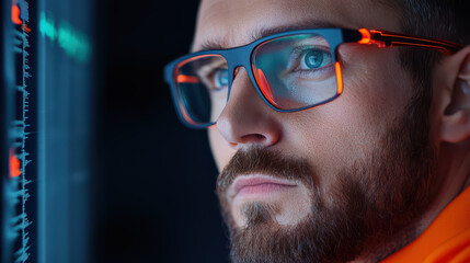 Poster - Deeply focused scientist analyzing data with glasses and serious expression