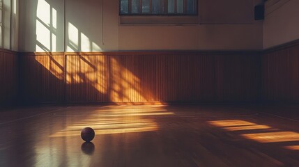Poster - Basketball court with a lone ball resting on polished wooden floor