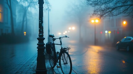 Poster - Bicycle leaning on a lamp post in a foggy city street