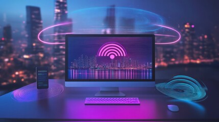 Aufkleber - A futuristic workspace featuring a computer and smartphone with vibrant digital elements.