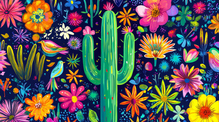 Aufkleber - A large green cactus stands proudly in a garden filled with a variety of colorful flowers and small birds, creating a vibrant and lively atmosphere in a desert setting