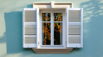 Poster - A white window with open shutters reflects colorful trees on a soft pastel wall in the warm afternoon sunlight