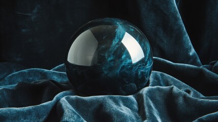 Poster - A glossy, dark blue crystal ball resting on a textured fabric background.