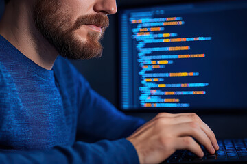 Poster - focused software developer coding intensely at computer screen