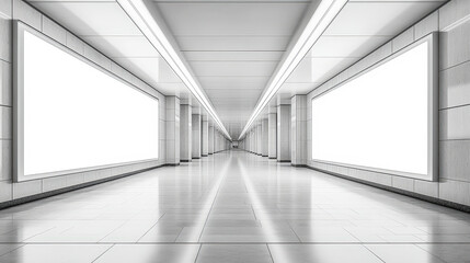 Aufkleber - A spacious corridor features bright lighting and empty advertising panels, creating a minimalist atmosphere in a subway station