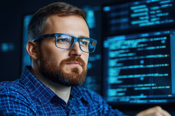 Poster - Intense software developer focused on coding with multiple screens displaying data