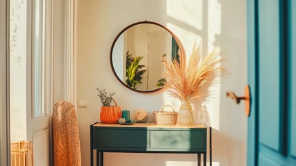 Poster - Bright entryway with a console table, mirror, and decorative accents