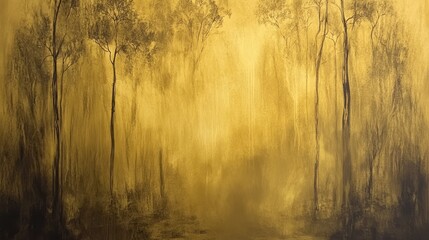 Aufkleber - A golden-hued forest landscape with ethereal trees shrouded in mist.