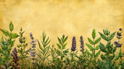 Aufkleber - A variety of wildflowers and lush green leaves create a vibrant display against a warm, textured yellow backdrop