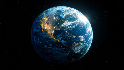 Wall Mural - a large blue and white planet with a bright orange sun in the center. the planet is surrounded by a 