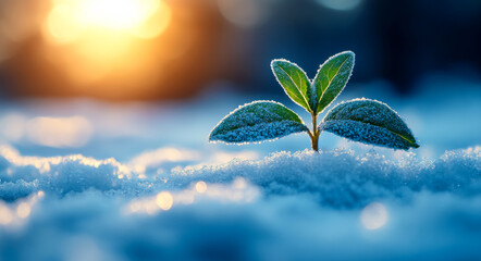 Wall Mural - A small plant is growing in the snow. The image has a serene and peaceful mood, as the plant is the only living thing in the scene