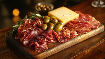 Aufkleber - A selection of flavorful cured meats, artisan cheese, and marinated olives is artfully arranged on a rustic wooden board for sharing