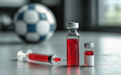 A soccer ball and two bottles of medicine are on a table. The bottles are red and the soccer ball is blue