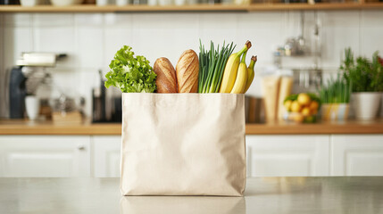 Poster - A paper bag filled with fresh groceries sits on a kitchen counter, showcasing healthy ingredients ready for meal preparation