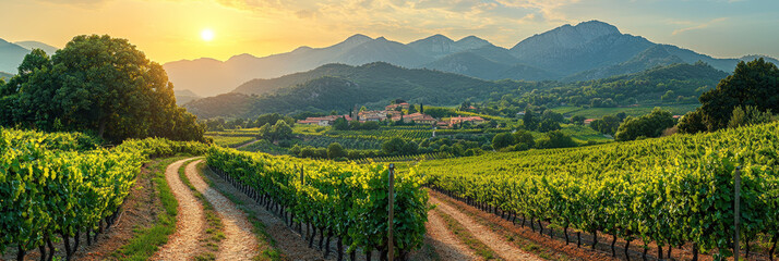 Poster - Golden sunlight bathes lush green vineyards against a backdrop of mountains and a charming village at sunset