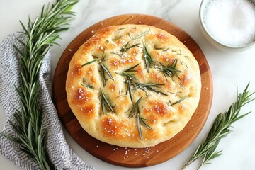 Wall Mural - A fresh loaf of Italian focaccia bread sprinkled with rosemary and coarse sea salt, served on a wooden board